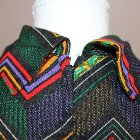 VTG 1970's Sleeveless Tie Neck Secretary Dress Multicolor Chevron & Black sz S - Picture 5 of 14